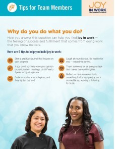 Joy in Work flier tip sheet with image of 2 women, smiling