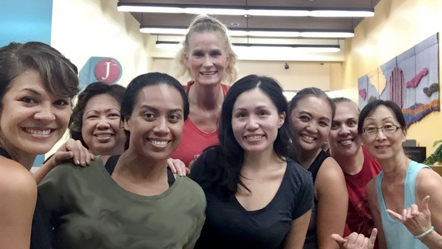 Kaiser Permanente Wailuku clinic registered nurses and medical assistants (including Marja Lehua Apisoloma, RN, HNA, at far left) are still smiling following an end of day workout.