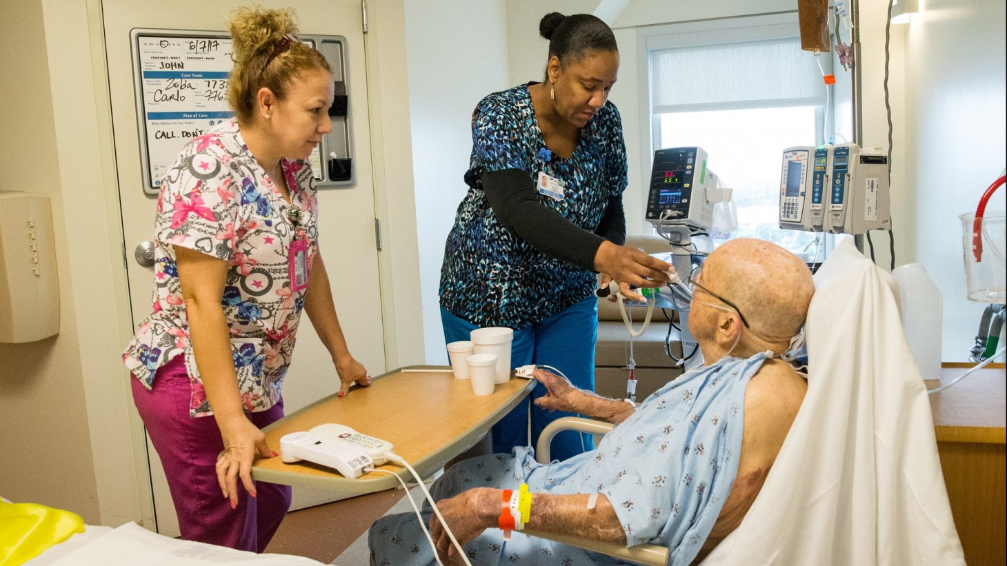 Two caregivers in a hospital room with an elderly patient 